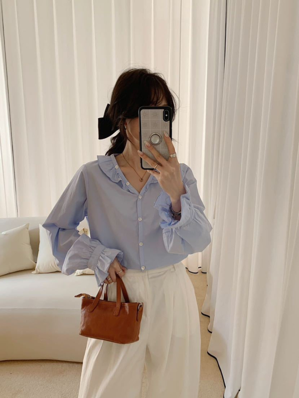 Korejski stil proljeća: ženska bluza s volanima, V izrez, labav kroj, dugi rukavi, casual osvježavajući top