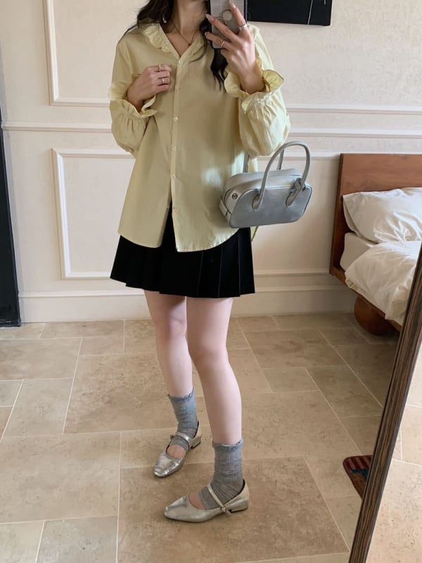 Korejski stil proljeća: ženska bluza s volanima, V izrez, labav kroj, dugi rukavi, casual osvježavajući top