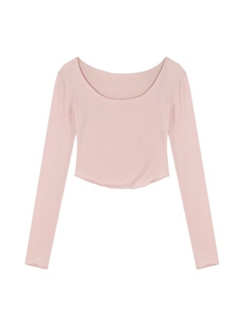 Ženski uski crop top s U-izrezom, dugi rukavi, jednobojna, Modalno-elastičan materijal, za slojevito odijevanje (Jesen 2024)