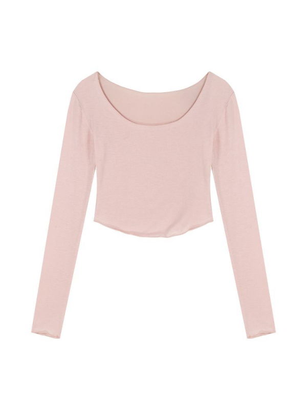 Ženski uski crop top s U-izrezom, dugi rukavi, jednobojna, Modalno-elastičan materijal, za slojevito odijevanje (Jesen 2024)