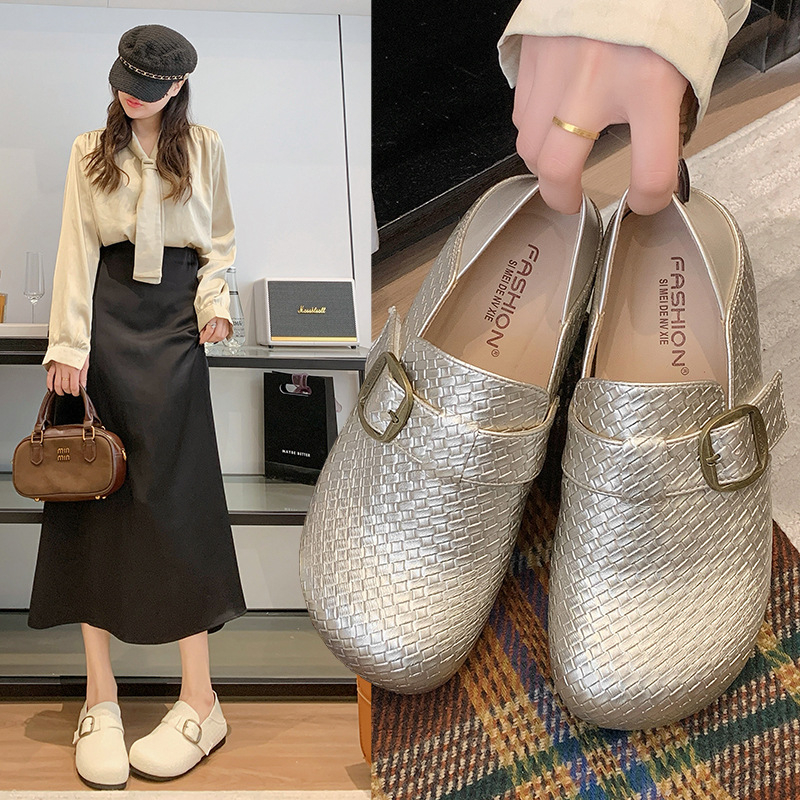 Birkenstock-stílusú nőknek, szőtt slip-on loafers, kerek orrú, 2026-os új modell, puha talp, kényelmes casual cipők