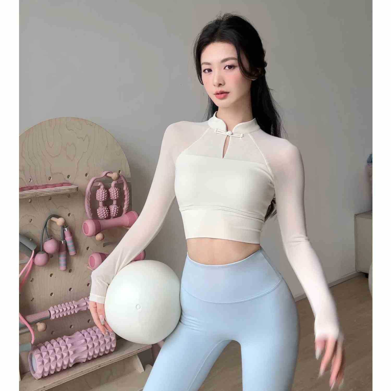 Γυναικείος μακρυμάνικος τοπ Pilates με ενσωματωμένη επένδυση στήθους, ρούχο γιόγκα κινεζικής έμπνευσης