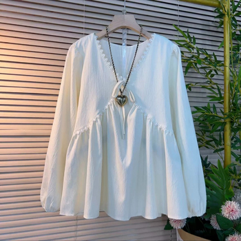 Γυναικείο T‑shirt με ακανόνιστο V-λαιμό, μακριά μανίκια, σε plus size, ελεύθερη γραμμή, κολακευτικό και κομψό για καμπύλες φιγούρες