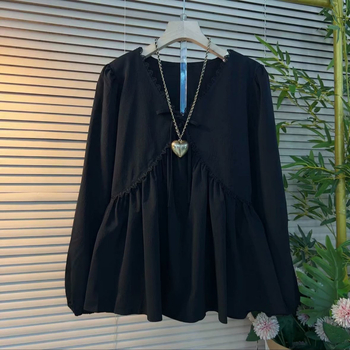 Γυναικείο T‑shirt με ακανόνιστο V-λαιμό, μακριά μανίκια, σε plus size, ελεύθερη γραμμή, κολακευτικό και κομψό για καμπύλες φιγούρες