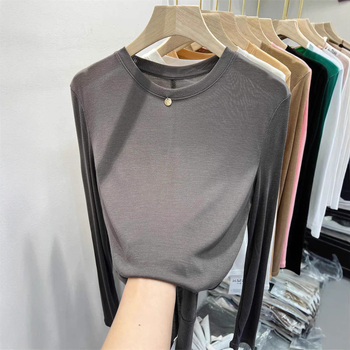 Tricou femei cu mânecă lungă, culoare solidă, din amestec de bumbac și poliester, croială lejeră, guler rotund, colecția primăvara 2023