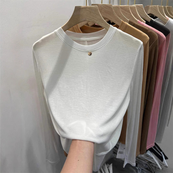 Tricou femei cu mânecă lungă, culoare solidă, din amestec de bumbac și poliester, croială lejeră, guler rotund, colecția primăvara 2023