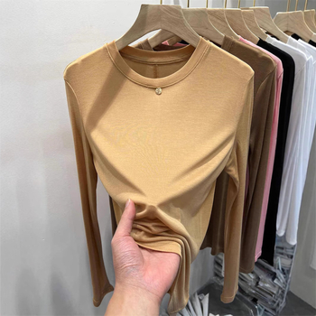 Tricou femei cu mânecă lungă, culoare solidă, din amestec de bumbac și poliester, croială lejeră, guler rotund, colecția primăvara 2023