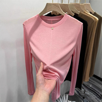 Tricou femei cu mânecă lungă, culoare solidă, din amestec de bumbac și poliester, croială lejeră, guler rotund, colecția primăvara 2023