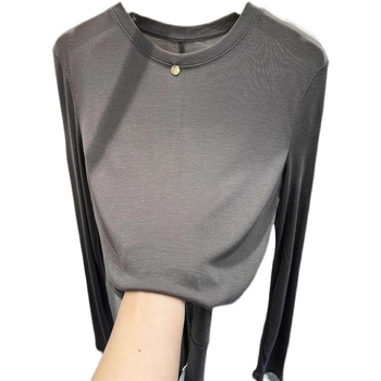 Tricou femei cu mânecă lungă, culoare solidă, din amestec de bumbac și poliester, croială lejeră, guler rotund, colecția primăvara 2023