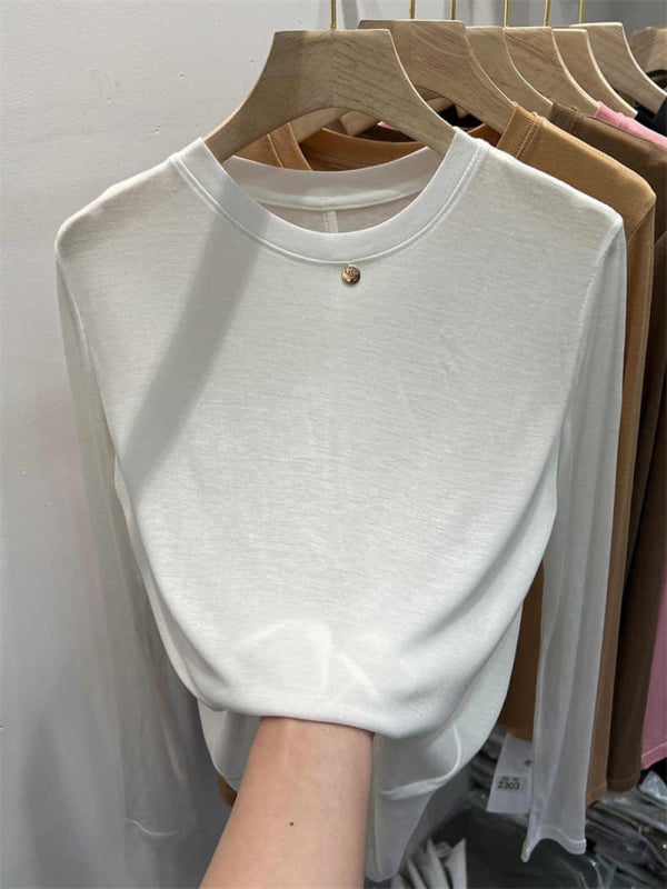 Tricou femei cu mânecă lungă, culoare solidă, din amestec de bumbac și poliester, croială lejeră, guler rotund, colecția primăvara 2023