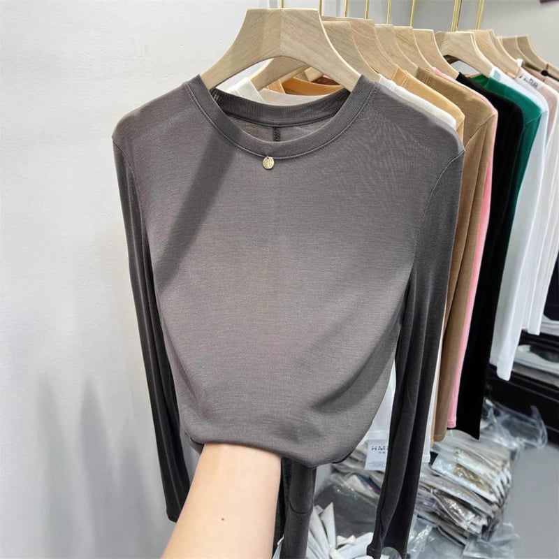 Tricou femei cu mânecă lungă, culoare solidă, din amestec de bumbac și poliester, croială lejeră, guler rotund, colecția primăvara 2023