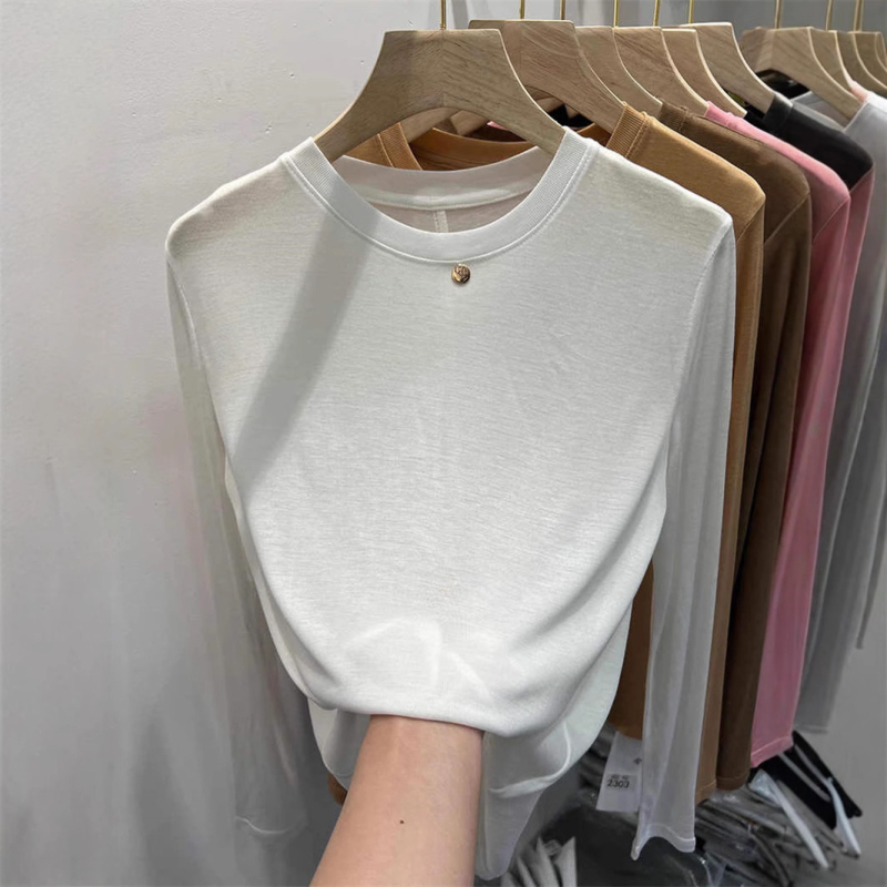 Tricou femei cu mânecă lungă, culoare solidă, din amestec de bumbac și poliester, croială lejeră, guler rotund, colecția primăvara 2023