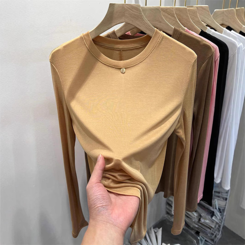 Tricou femei cu mânecă lungă, culoare solidă, din amestec de bumbac și poliester, croială lejeră, guler rotund, colecția primăvara 2023