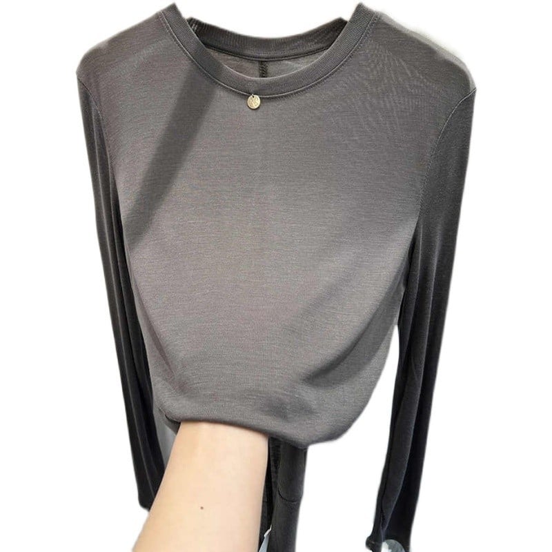 Tricou femei cu mânecă lungă, culoare solidă, din amestec de bumbac și poliester, croială lejeră, guler rotund, colecția primăvara 2023