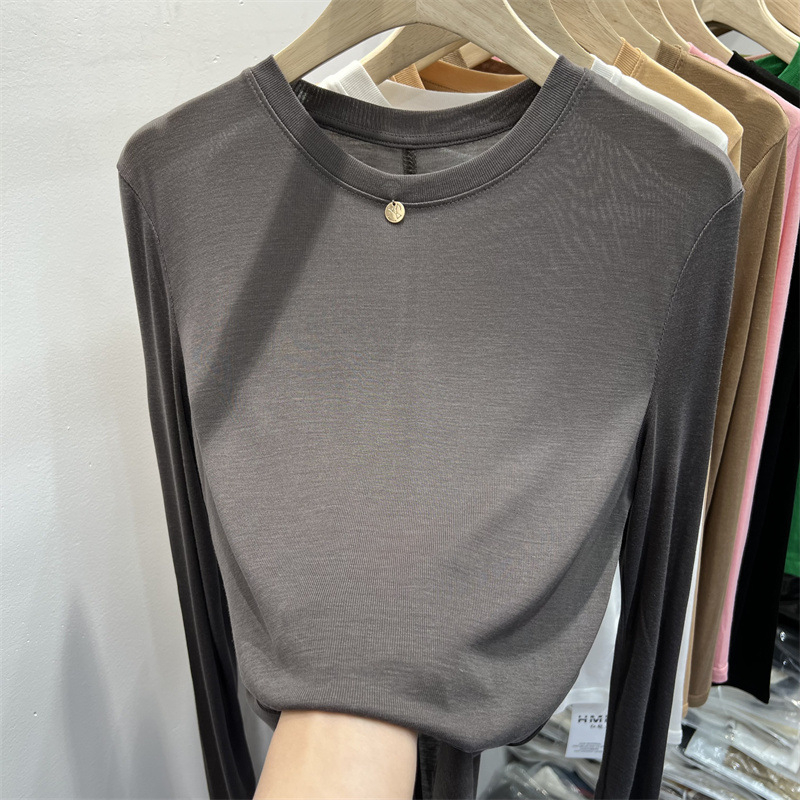 Tricou femei cu mânecă lungă, culoare solidă, din amestec de bumbac și poliester, croială lejeră, guler rotund, colecția primăvara 2023
