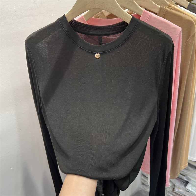 Tricou femei cu mânecă lungă, culoare solidă, din amestec de bumbac și poliester, croială lejeră, guler rotund, colecția primăvara 2023