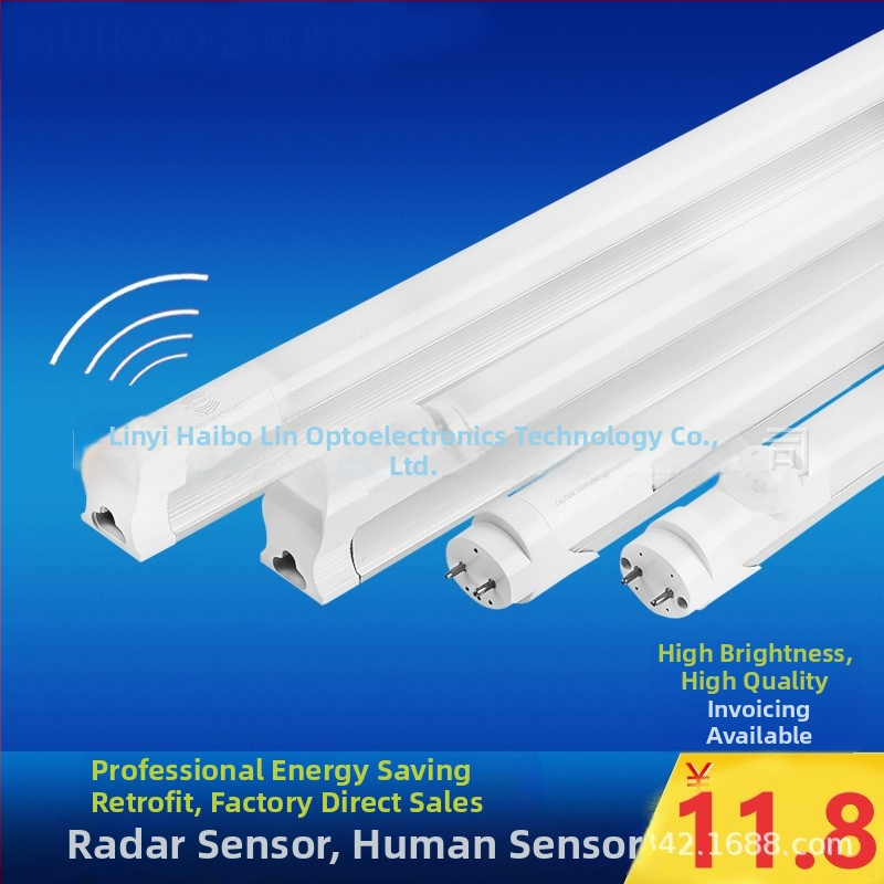 T8 LED trubica s mikrovlnným radarom pre detekciu prítomnosti človeka, rekonštrukcia osvetlenia podzemného parkoviska, dĺžka 1,2 m