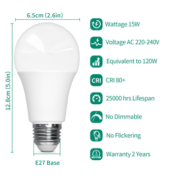 A60 LED žarulja – Visoka snaga, štednja potrošnje energije, visoka svjetlost uz konstantan pogon struje, 15W (ekvivalentno 120W) za kućnu i uredsku uporabu.