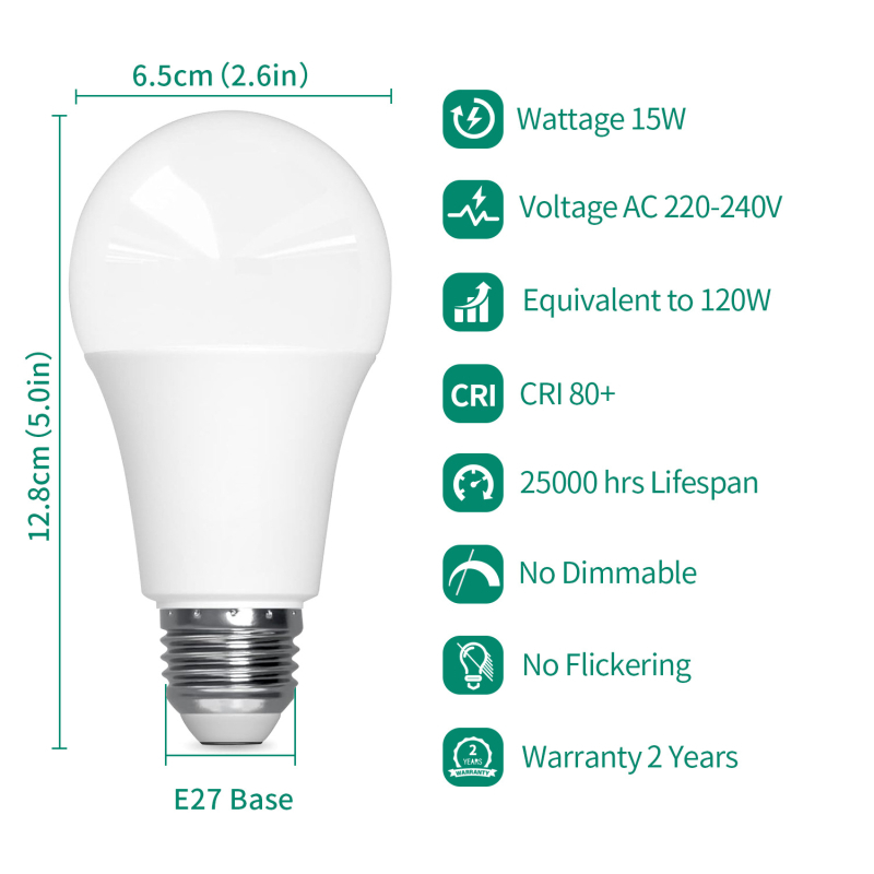 A60 LED žarulja – Visoka snaga, štednja potrošnje energije, visoka svjetlost uz konstantan pogon struje, 15W (ekvivalentno 120W) za kućnu i uredsku uporabu.