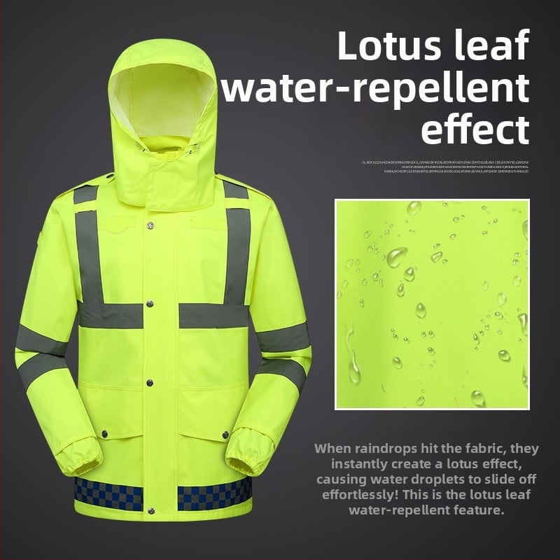 Sada dažďového kabáta a nohavíc z 300D Oxford PU – fluorescenčne zelená pre vonkajšie použitie – rozdelený set