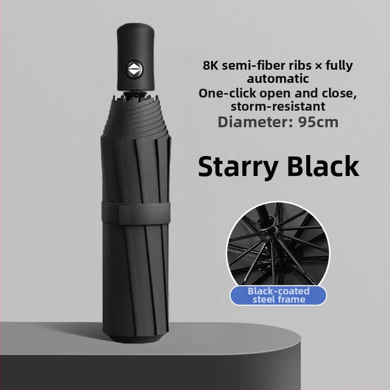 Plneautomatický čierny vinylový dáždnik s UV ochranou, trojdielny