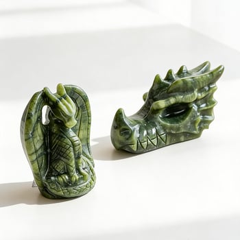 Prirodna jade dragon glava statua i rezbareni komadi kristalnog sirovog kamena: zmaj, ptica, slon – ukrasni predmeti