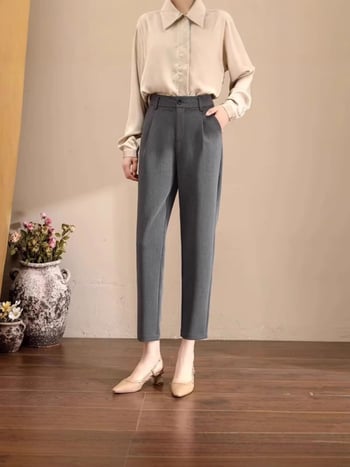 Pantaloni de costum pentru femei - Primăvara 2026, croi drapat, picior în formă de morcov, croială slim, potriviți pentru siluete mici