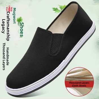 Čierne plátenné topánky, tradičné staré pekinské ručne vyrábané, podrážka z býčieho šľachy, slip-on s elastickým otvorom