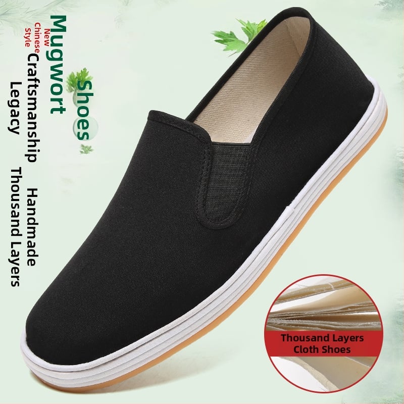 Čierne plátenné topánky, tradičné staré pekinské ručne vyrábané, podrážka z býčieho šľachy, slip-on s elastickým otvorom