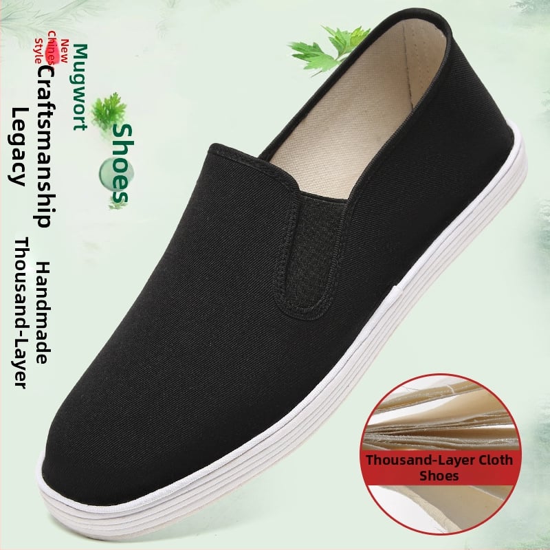 Čierne plátenné topánky, tradičné staré pekinské ručne vyrábané, podrážka z býčieho šľachy, slip-on s elastickým otvorom