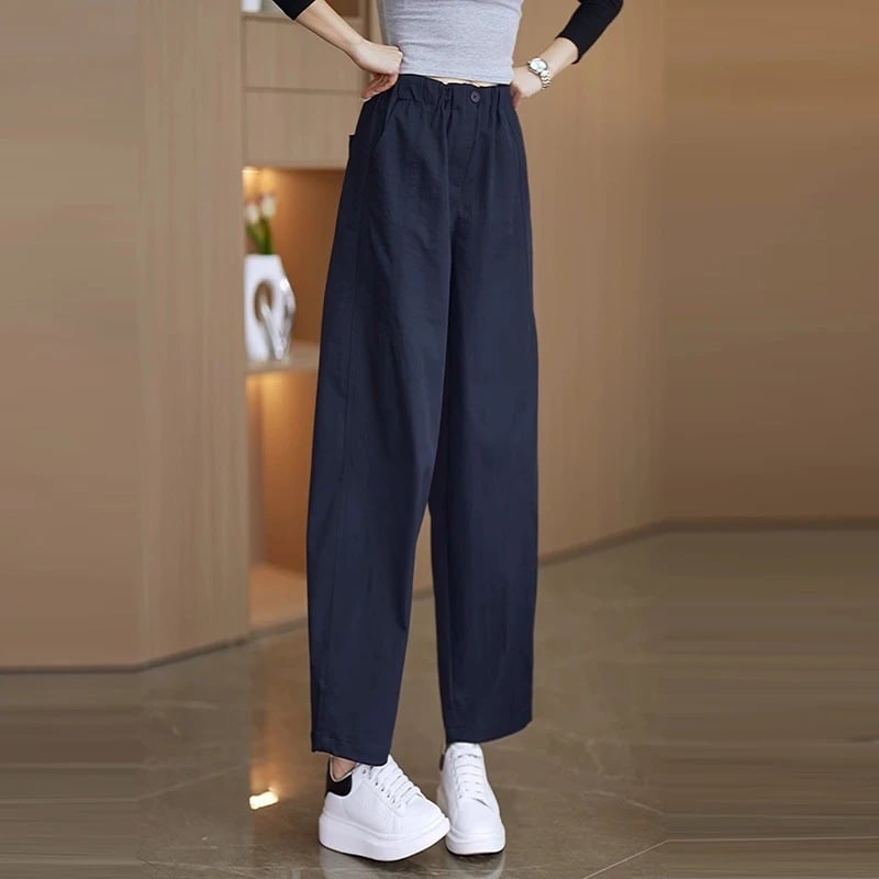 Pantaloni de damă pentru început de toamnă, cu model floral, lungi, talie cu detaliu floral, croială lejeră balloon-harem, talie elastică, casual