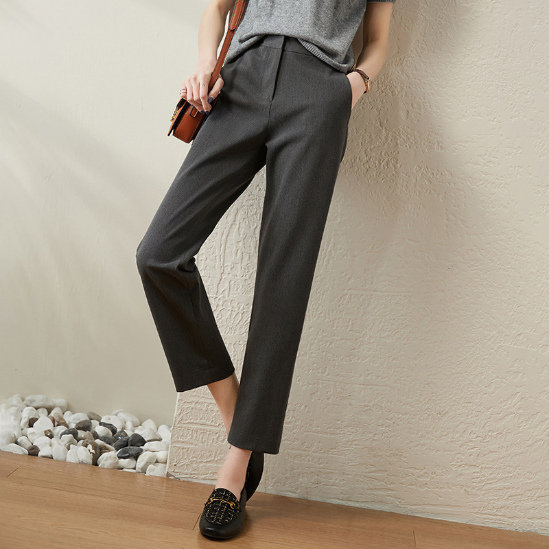 Pantaloni femei din poliester cu croială dreaptă, lungime cropped, stil slim, casual, pentru primăvară și toamnă