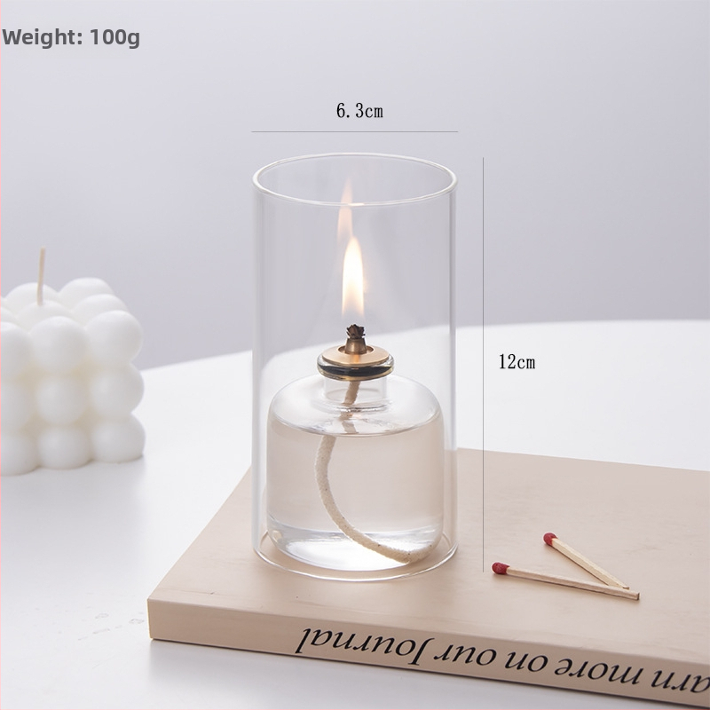 Priehľadná sklenená olejová lampa – minimalistický stolný dekor