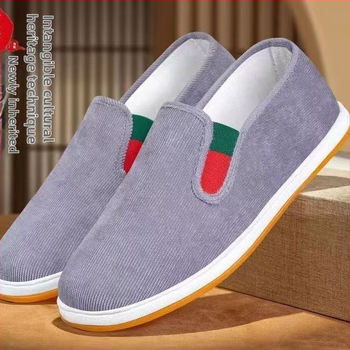 Corduroy plátenné topánky Slip-On v štýle Staré Pekingské, priedušné, protišmyková podrážka, pre mužov