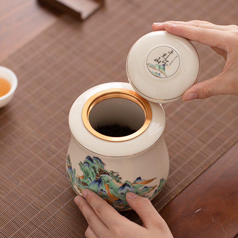 Kerámia tea tároló edény zárható fedéllel, kínai stílusú motívummal, mintázat: ezer folyó és hegy, 750 ml, tea készlet kiegészítők