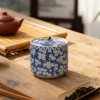 Kék‑fehér kerámias teás tartó légmentesen záró fedéllel, Pu'er, Longjing, fekete, zöld és fehér tea tárolására