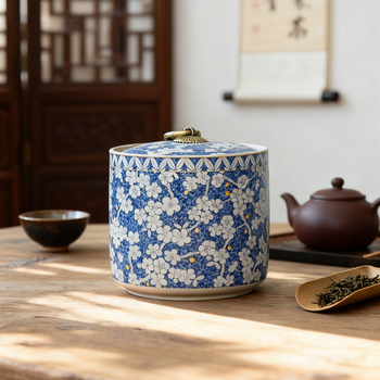 Kék‑fehér kerámias teás tartó légmentesen záró fedéllel, Pu'er, Longjing, fekete, zöld és fehér tea tárolására