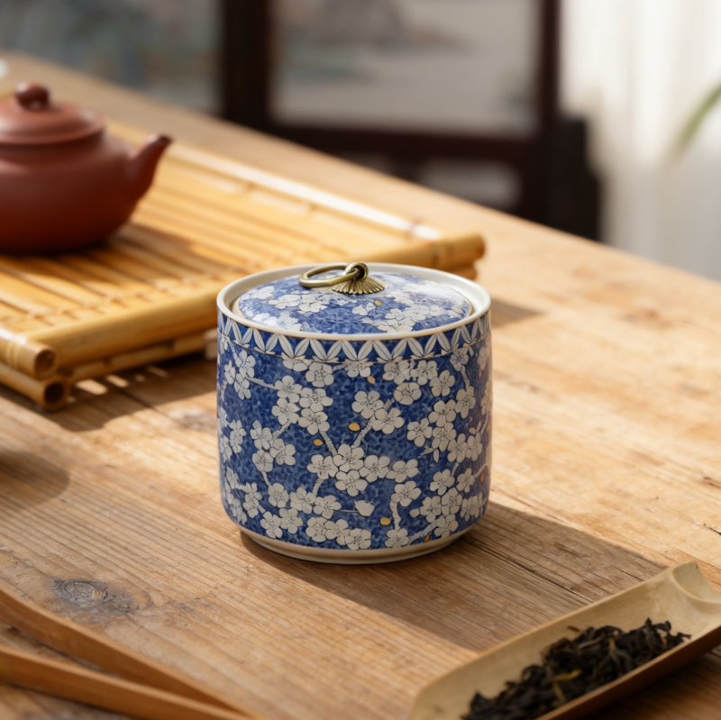 Kék‑fehér kerámias teás tartó légmentesen záró fedéllel, Pu'er, Longjing, fekete, zöld és fehér tea tárolására