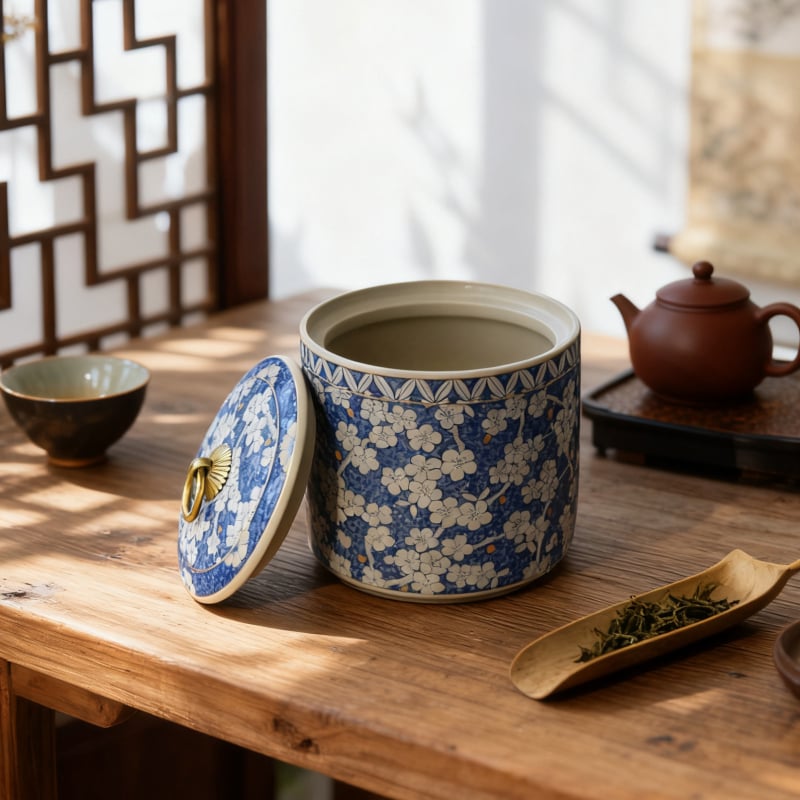 Kék‑fehér kerámias teás tartó légmentesen záró fedéllel, Pu'er, Longjing, fekete, zöld és fehér tea tárolására