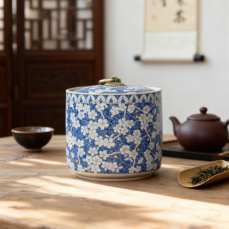 Kék‑fehér kerámias teás tartó légmentesen záró fedéllel, Pu'er, Longjing, fekete, zöld és fehér tea tárolására
