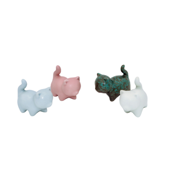 Vintage mini porcelán tea-pet: aranydrótos cicával, dekoratív figura és tolltartó