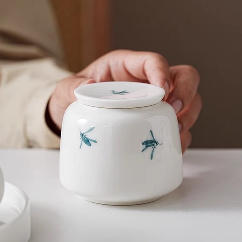 Kézzel festett fehér porcelán teás doboz, kis méretű, nedvességálló zöld tea és Pu'er tea számára