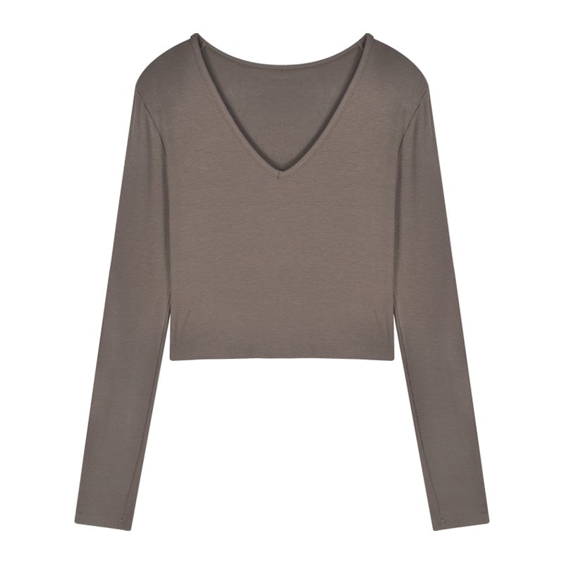 Top crop slim pentru femei, mâneci lungi, decolteu în V, ideal ca strat de bază