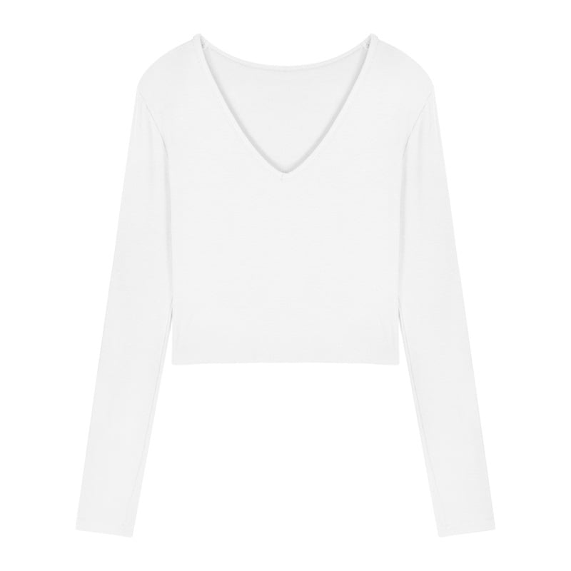 Top crop slim pentru femei, mâneci lungi, decolteu în V, ideal ca strat de bază