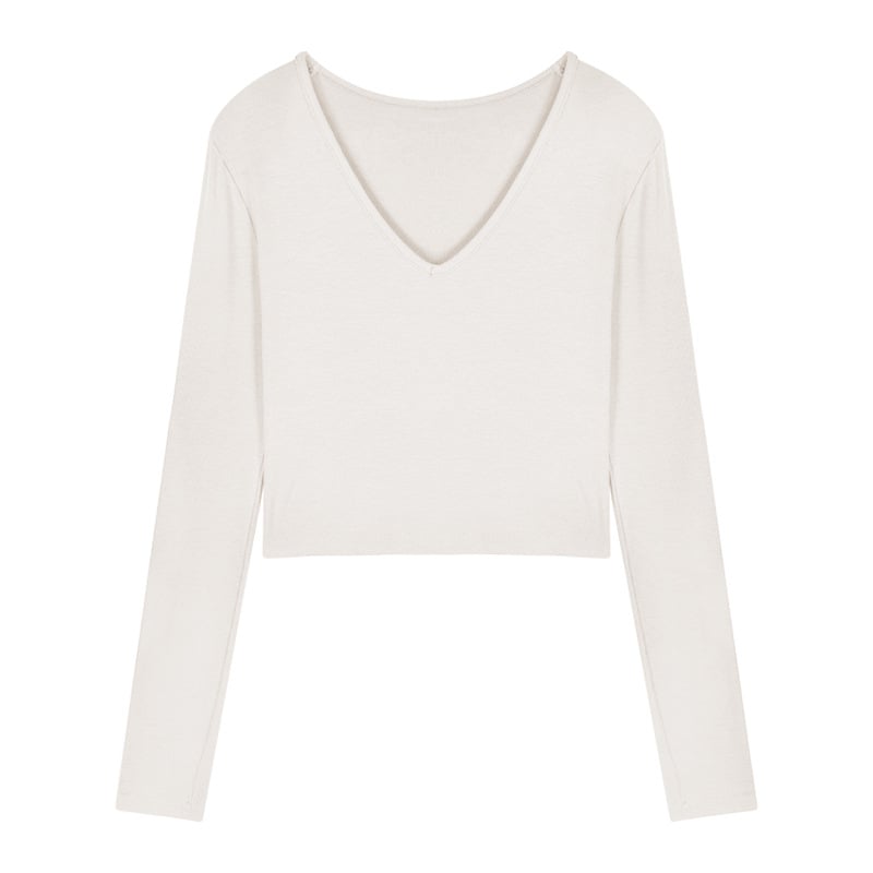 Top crop slim pentru femei, mâneci lungi, decolteu în V, ideal ca strat de bază