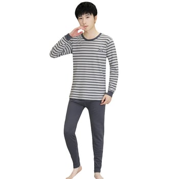 Set de lenjerie termică din bumbac pentru adolescenți, toamnă-iarna, subțire, în dungi, top cu mânecă lungă și pantaloni, 100% bumbac