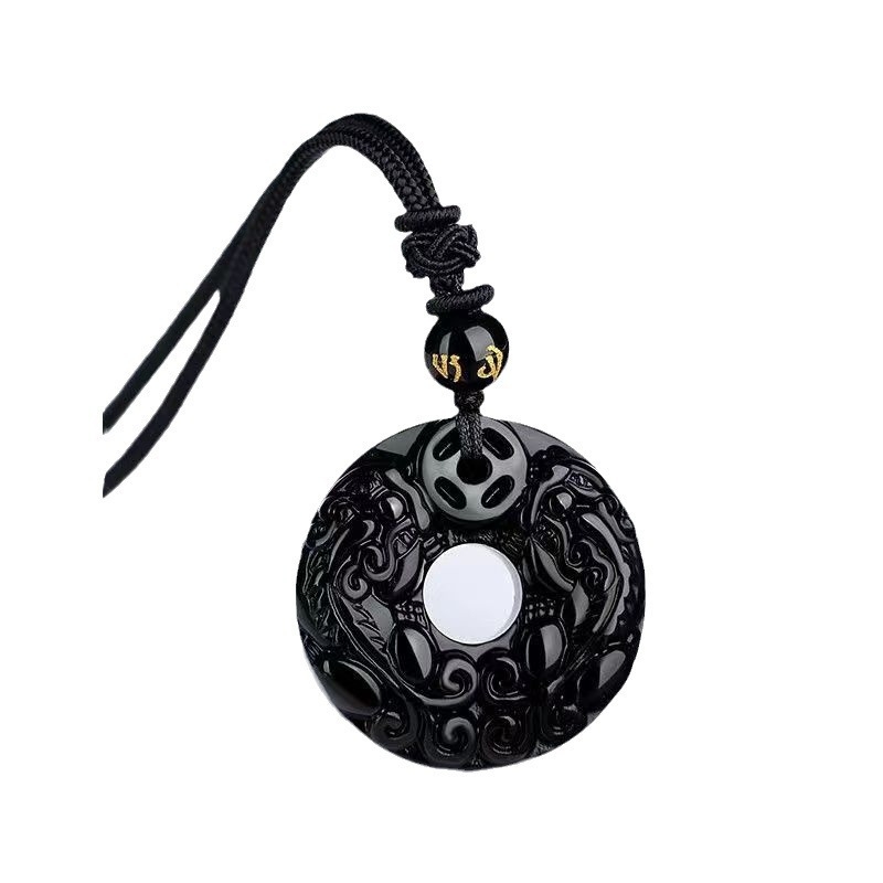 Prirodni crni obsidijan, dvostruki Pixiu privjesak s bijelim chalcedonom, unisex ogrlica
