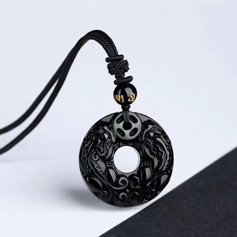 Prirodni crni obsidijan, dvostruki Pixiu privjesak s bijelim chalcedonom, unisex ogrlica