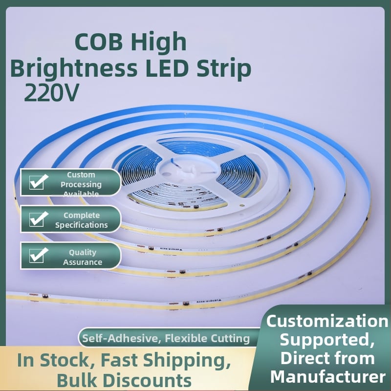 Személyre szabott COB LED-szalag 220V, 8 mm széles, 240 LED, 10 W/m, 3000K/4000K/6500K, CRI 90, 160° fényszög, meghajtó nélküli, beltéri világítás