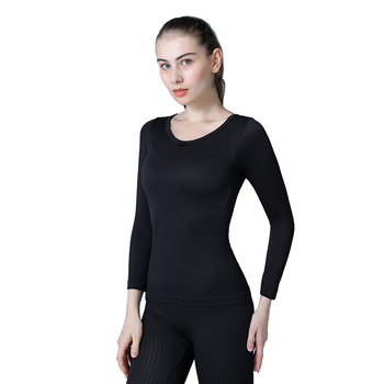 Set de lenjerie termică subțire pentru femei - fără cusături, culoare solidă, top cu mânecă lungă și pantaloni termici, poliester